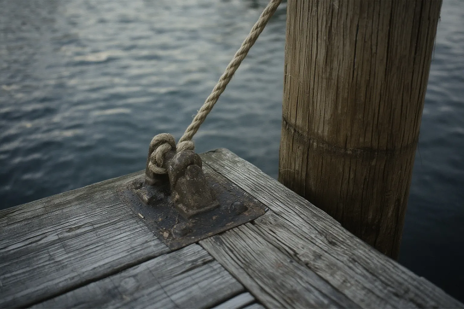 A cast-iron cleat and coiled rope on a weathered timber dock beside a piling