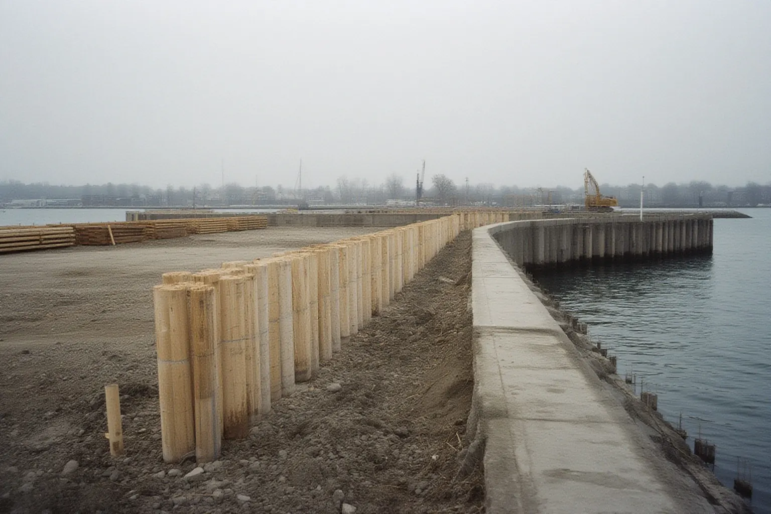 Fresh timber pilings beside a new concrete bulkhead and cleared waterfront ground
