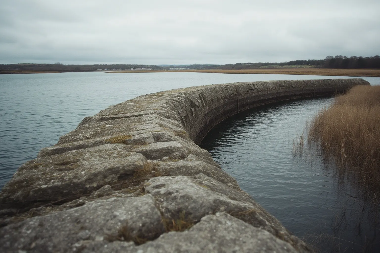 A rock breakwater curving beside a reed shoreline and an open channel under low cloud
